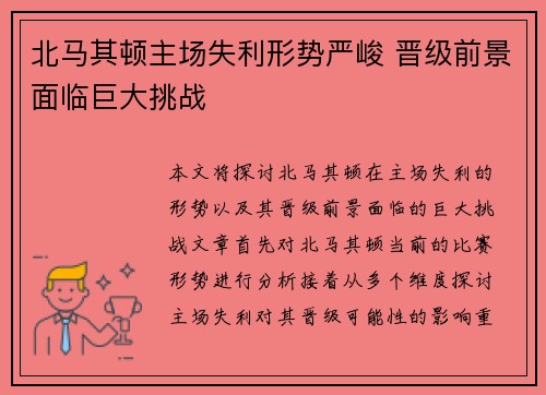 北马其顿主场失利形势严峻 晋级前景面临巨大挑战