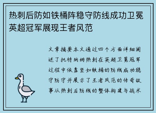 热刺后防如铁桶阵稳守防线成功卫冕英超冠军展现王者风范