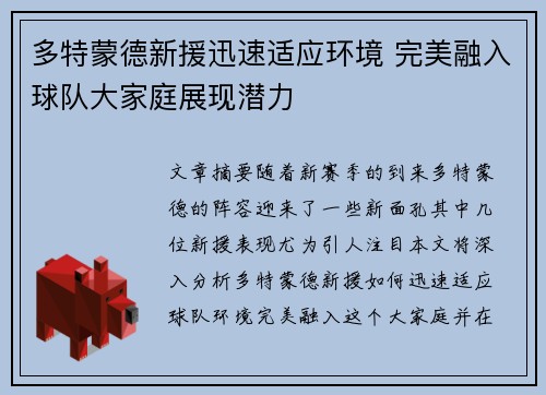 多特蒙德新援迅速适应环境 完美融入球队大家庭展现潜力