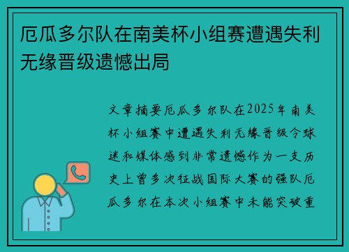 厄瓜多尔队在南美杯小组赛遭遇失利无缘晋级遗憾出局