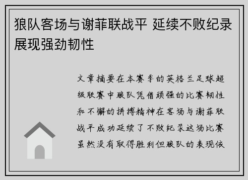 狼队客场与谢菲联战平 延续不败纪录展现强劲韧性