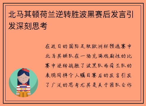 北马其顿荷兰逆转胜波黑赛后发言引发深刻思考