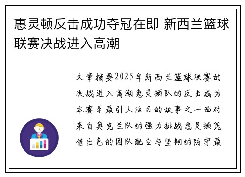 惠灵顿反击成功夺冠在即 新西兰篮球联赛决战进入高潮